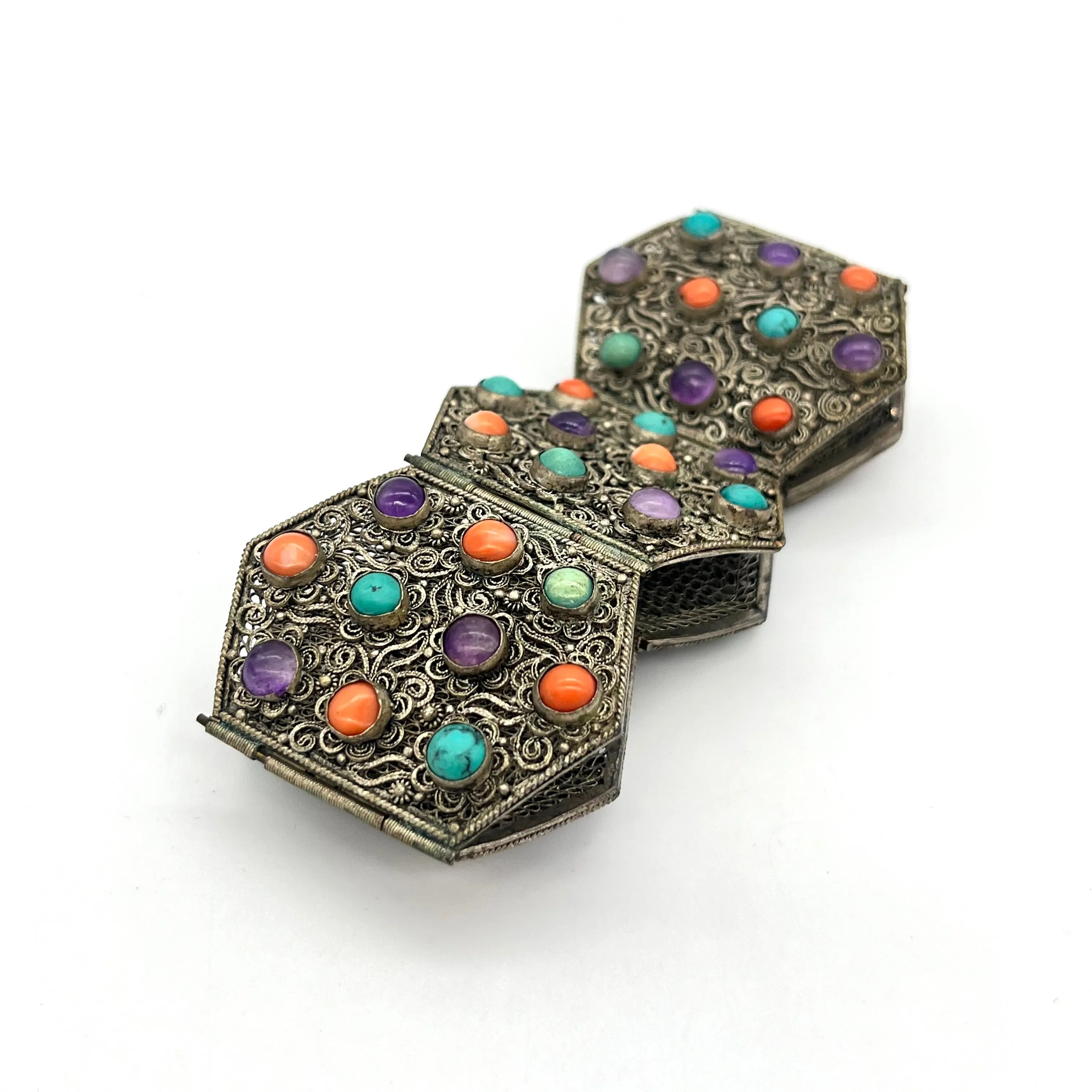 Coral, Turquoise, and Amethyst Filagre Bracelet