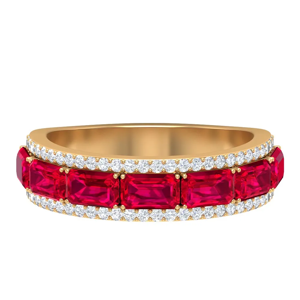 Emerald Cut Created Ruby and Diamond Half Eternity Band