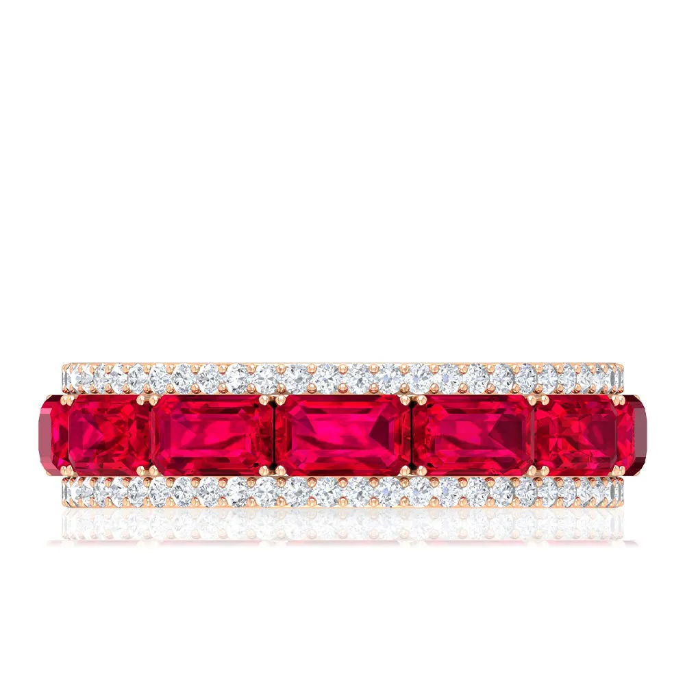 Emerald Cut Created Ruby and Diamond Half Eternity Band