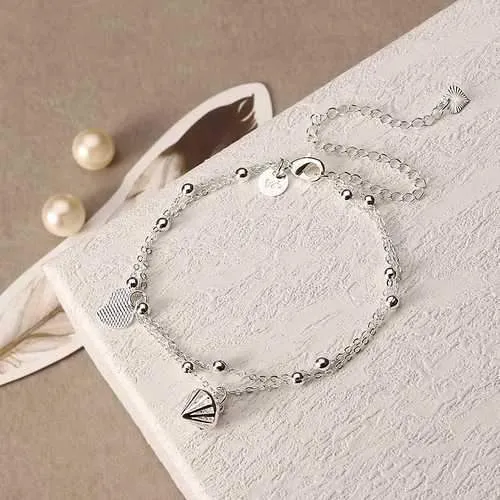 Heart and Rhinestone Pendant Double Layer Bell Foot Chain Silver Plated Anklet