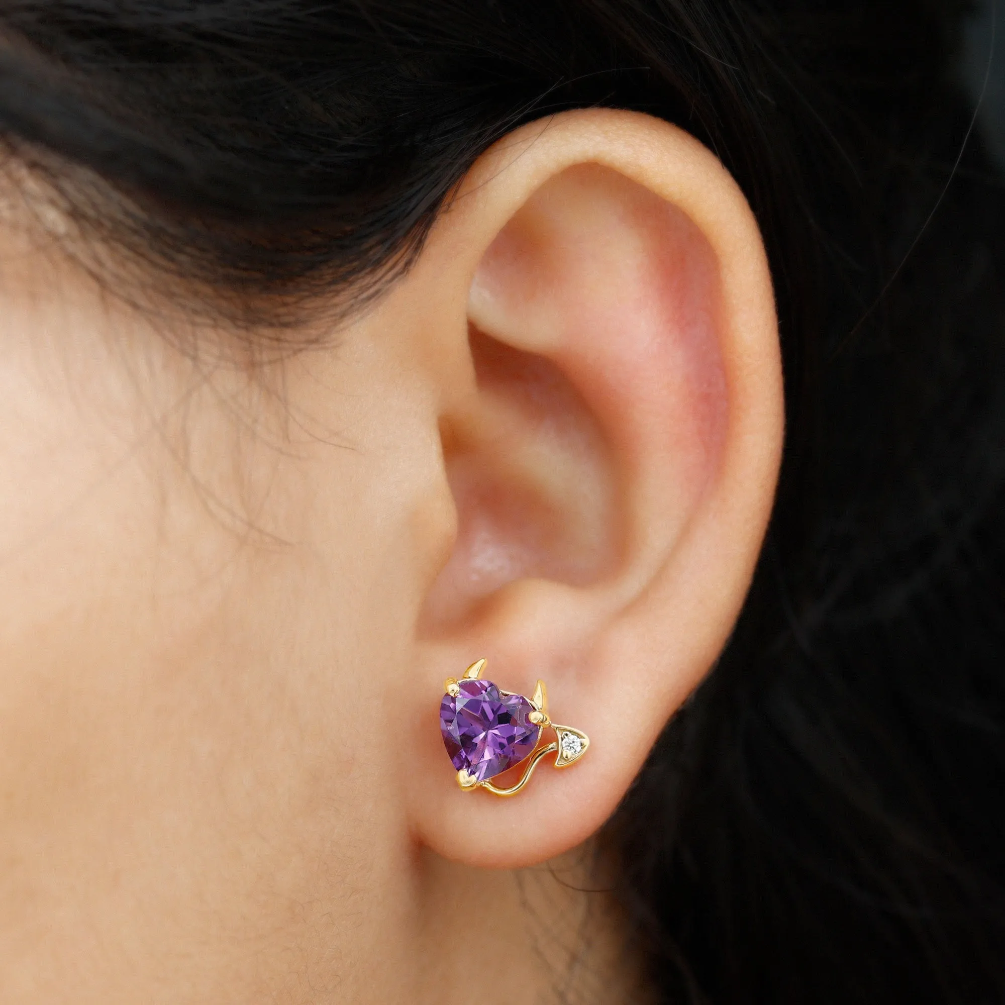 Heart Shape Amethyst and Diamond Gothic Stud Earring