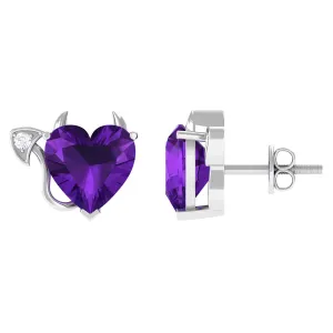 Heart Shape Amethyst and Diamond Gothic Stud Earring