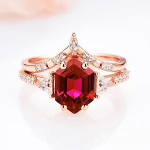 Hexagon Ruby Ring Set For Women- 14K Rose Gold Vermeil Gemstone Engagement Ring Dainty Promise Ring