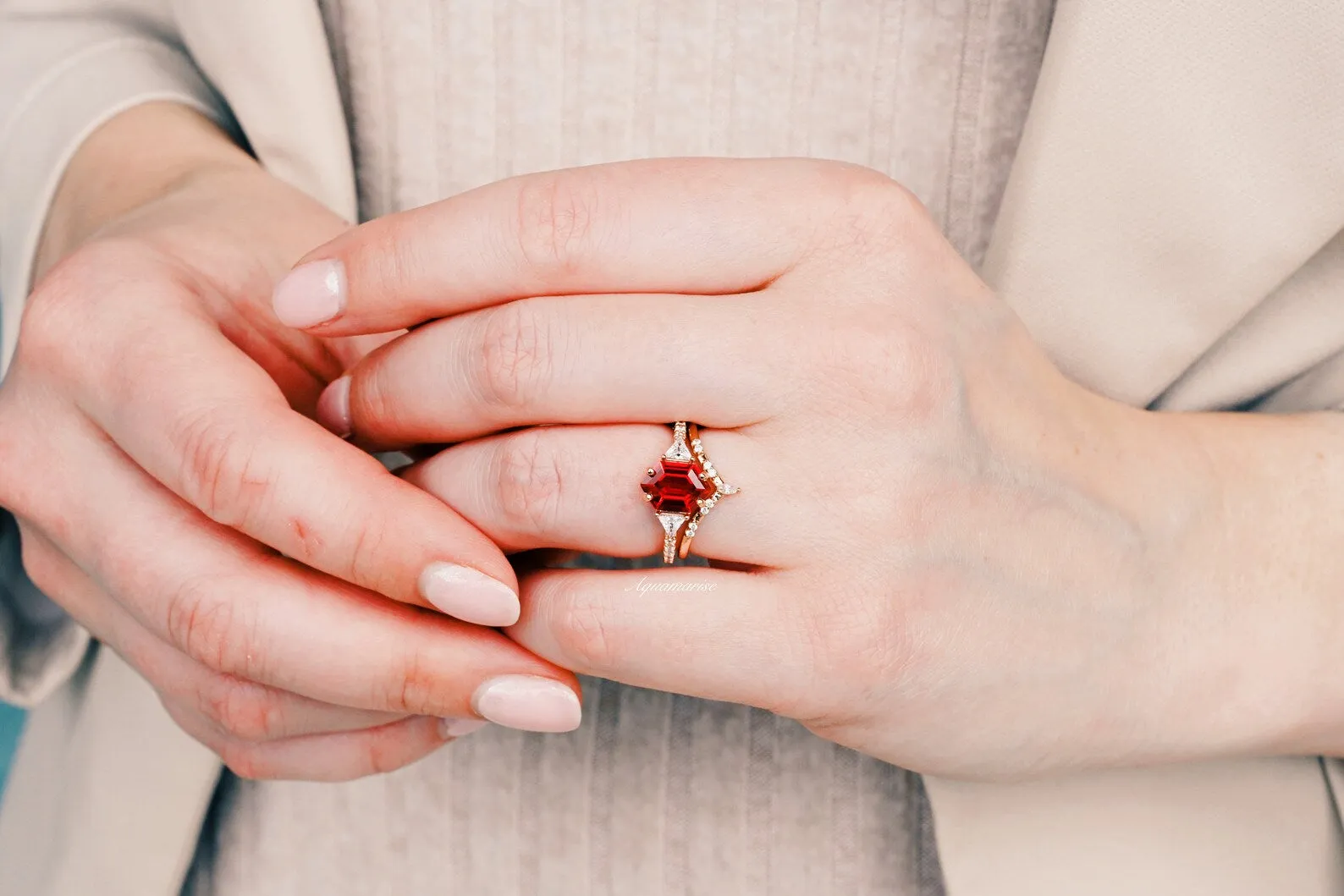 Hexagon Ruby Ring Set For Women- 14K Rose Gold Vermeil Gemstone Engagement Ring Dainty Promise Ring