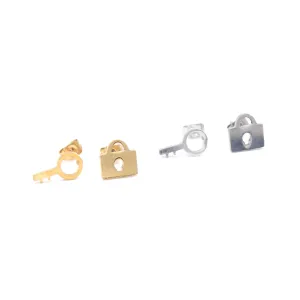 Lock and Key Stud Earrings in Silver or Gold