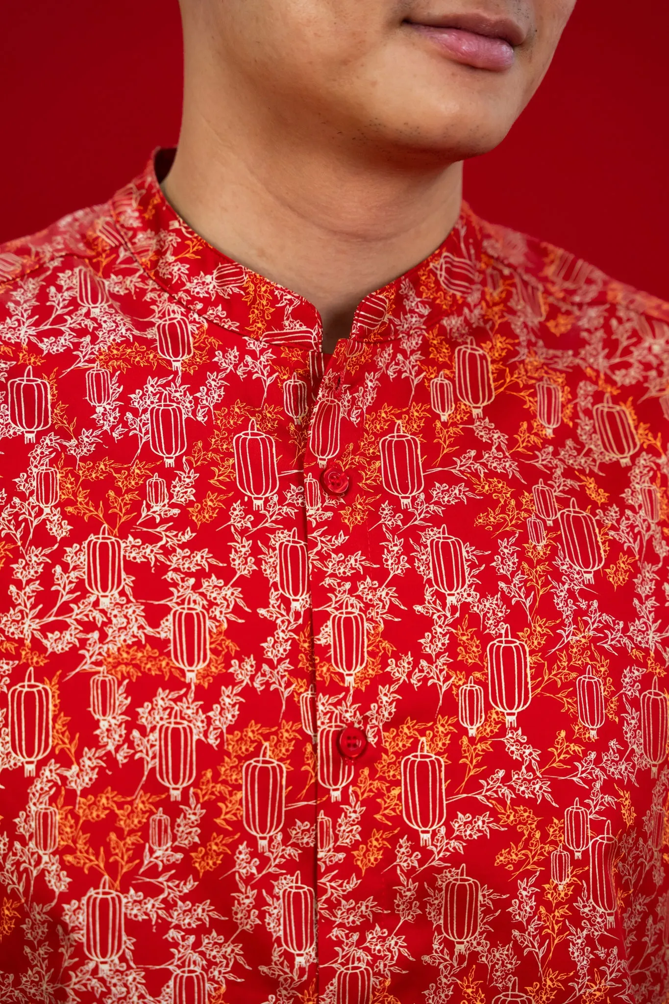 Men's Mandarin-collared Shirt - Red Lanterns