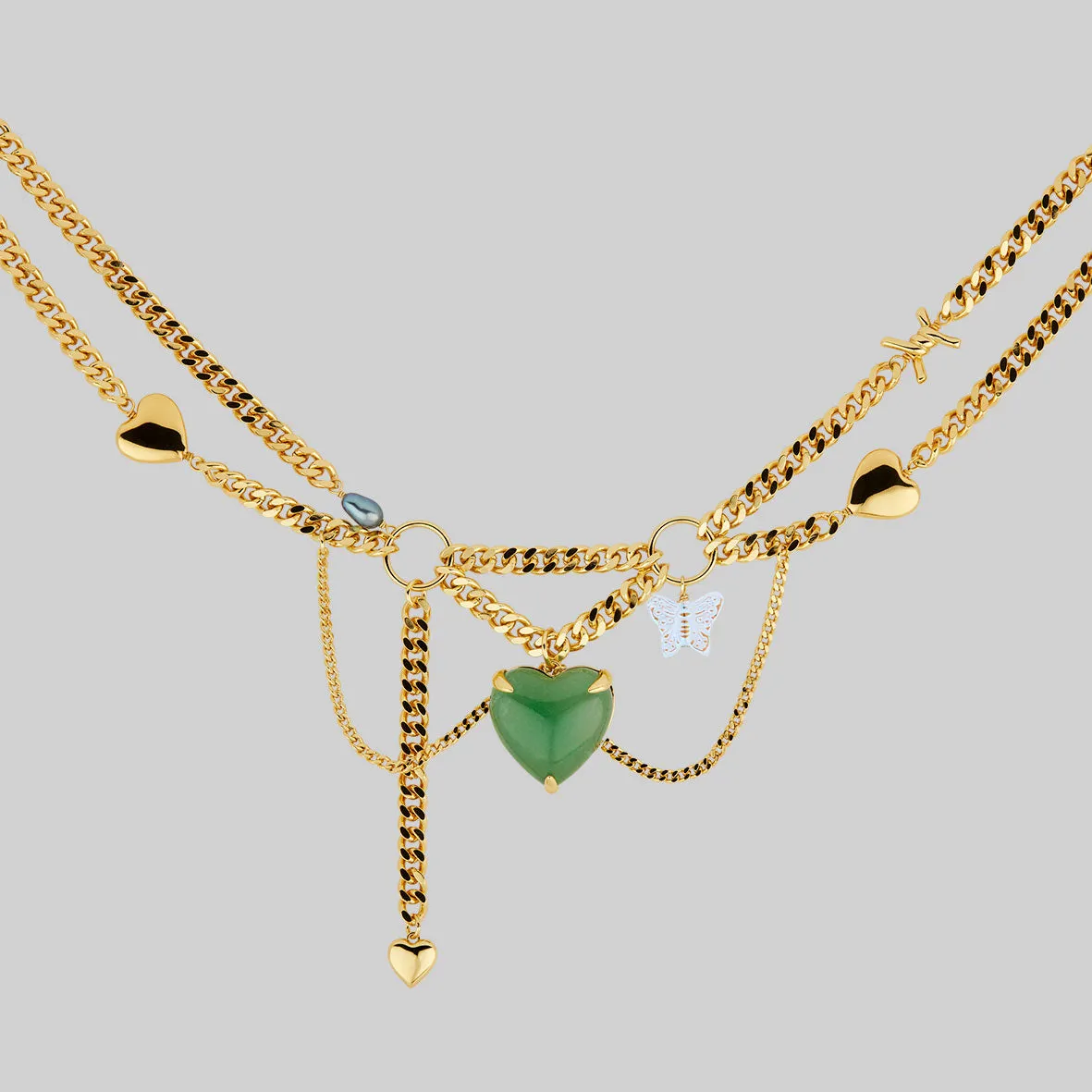 METAMORPHOSIS. Gemstone Heart & Chain Charm Necklace - Gold