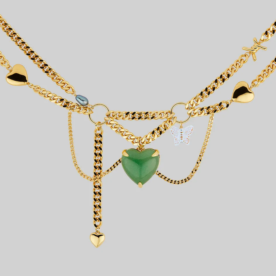 METAMORPHOSIS. Gemstone Heart & Chain Charm Necklace - Gold