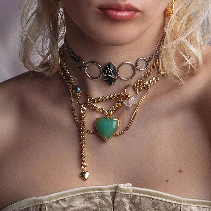 METAMORPHOSIS. Gemstone Heart & Chain Charm Necklace - Gold