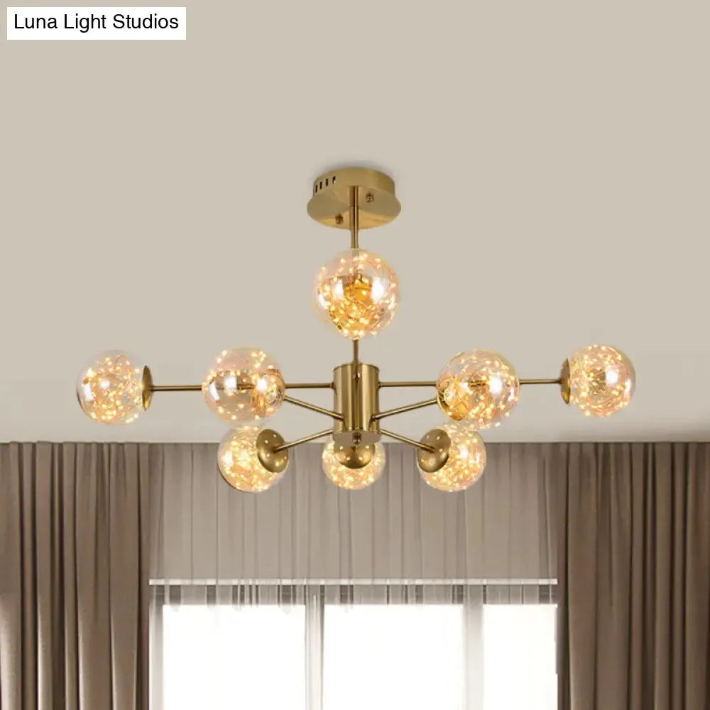 Modern Amber Glass Ball Chandelier - Stylish Brass Sputnik Suspension Light for Dining Room