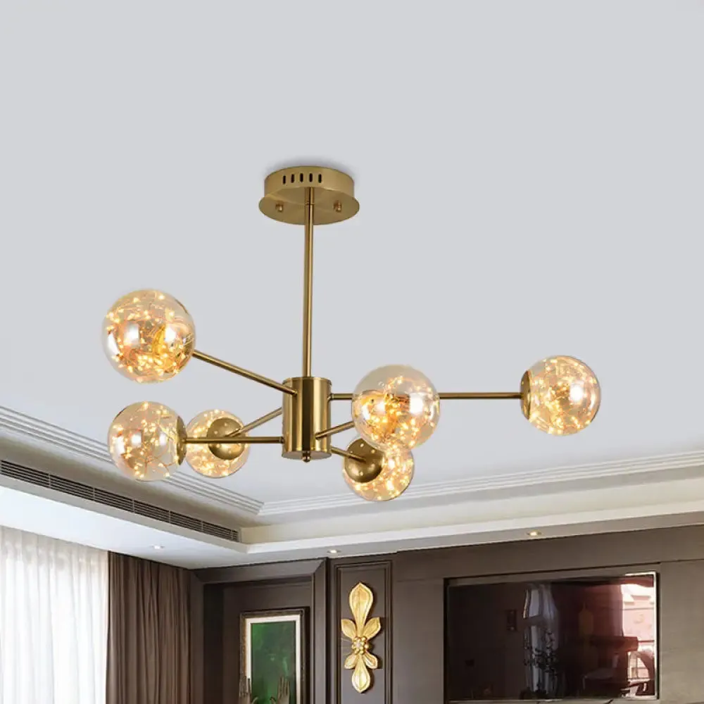 Modern Amber Glass Ball Chandelier - Stylish Brass Sputnik Suspension Light for Dining Room