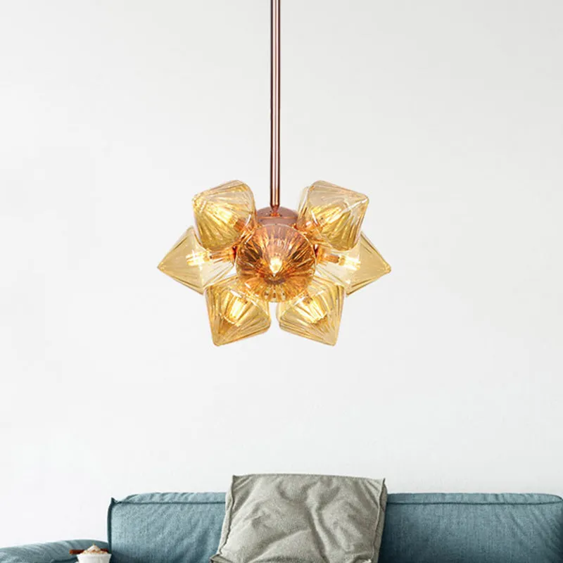 Modern Amber Glass Pyramid Chandelier Lamp - 9/12 Bulb Pendant Lighting Fixture for Living Room