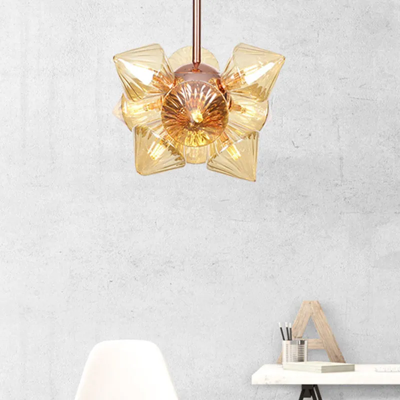 Modern Amber Glass Pyramid Chandelier Lamp - 9/12 Bulb Pendant Lighting Fixture for Living Room