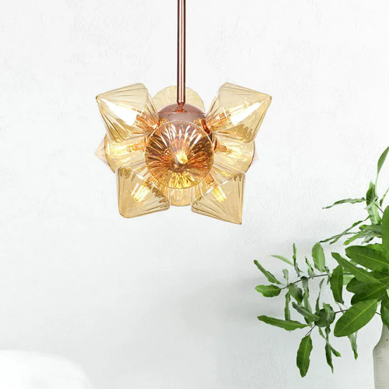 Modern Amber Glass Pyramid Chandelier Lamp - 9/12 Bulb Pendant Lighting Fixture for Living Room