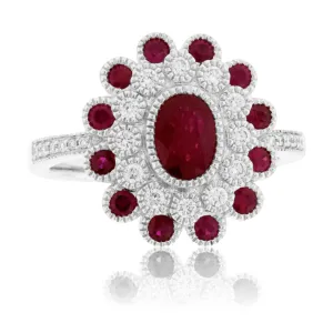 Oval Cut Ruby & Milgrain Double Halo with Diamonds & Rubies