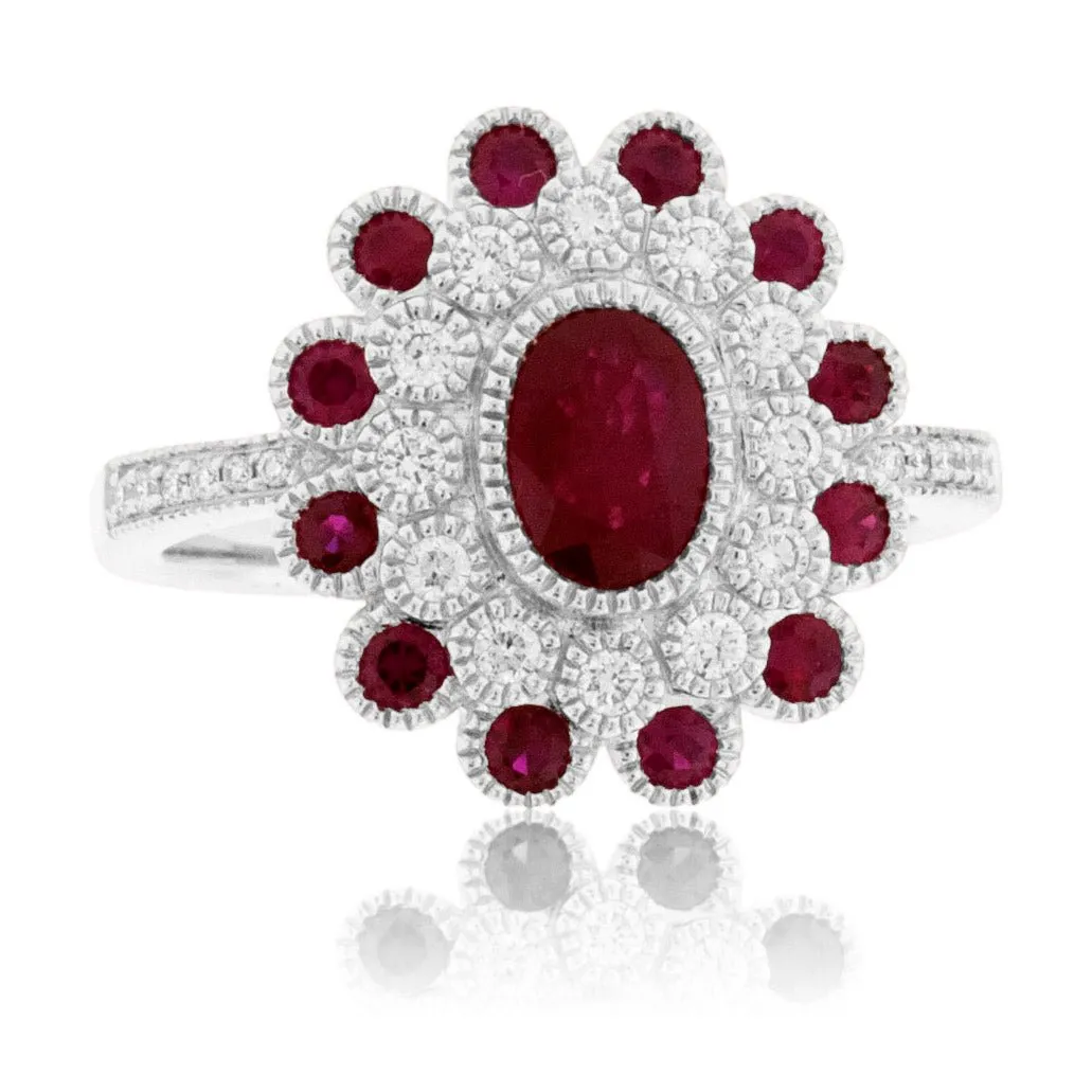 Oval Cut Ruby & Milgrain Double Halo with Diamonds & Rubies