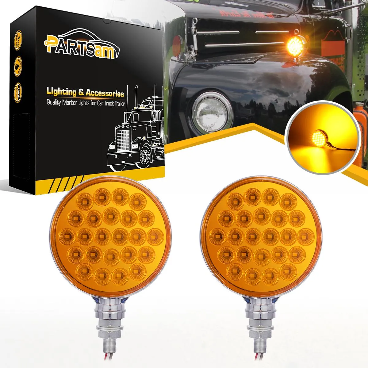 Partsam 2pcs Round Double Face Amber 48LED Pedestal Fender Rear Turn Signal Parking Lights Post Mount, Dual-face Led Marker Trailer Lights Replacement for Kenworth/Peterbilt/Freightliner Trucks