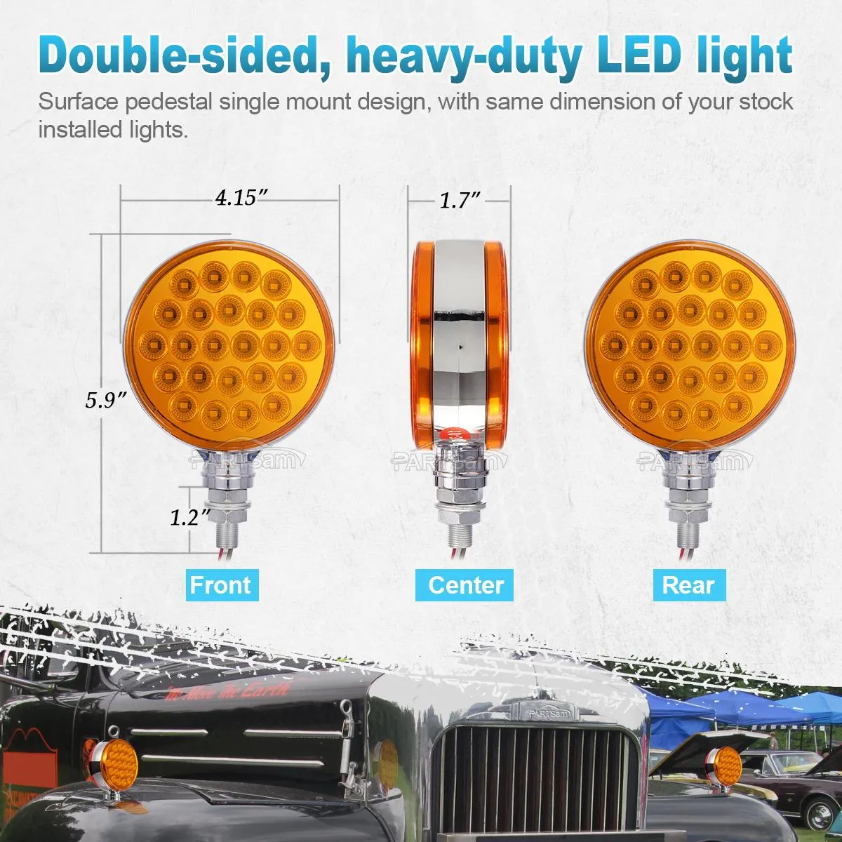 Partsam 2pcs Round Double Face Amber 48LED Pedestal Fender Rear Turn Signal Parking Lights Post Mount, Dual-face Led Marker Trailer Lights Replacement for Kenworth/Peterbilt/Freightliner Trucks