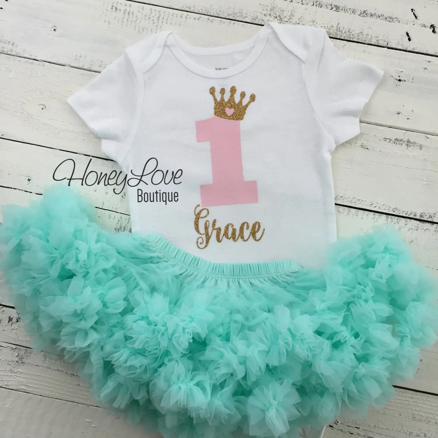 Personalized 1st Birthday Princess Outfit - Gold Glitter, Light Pink and Mint/Aqua