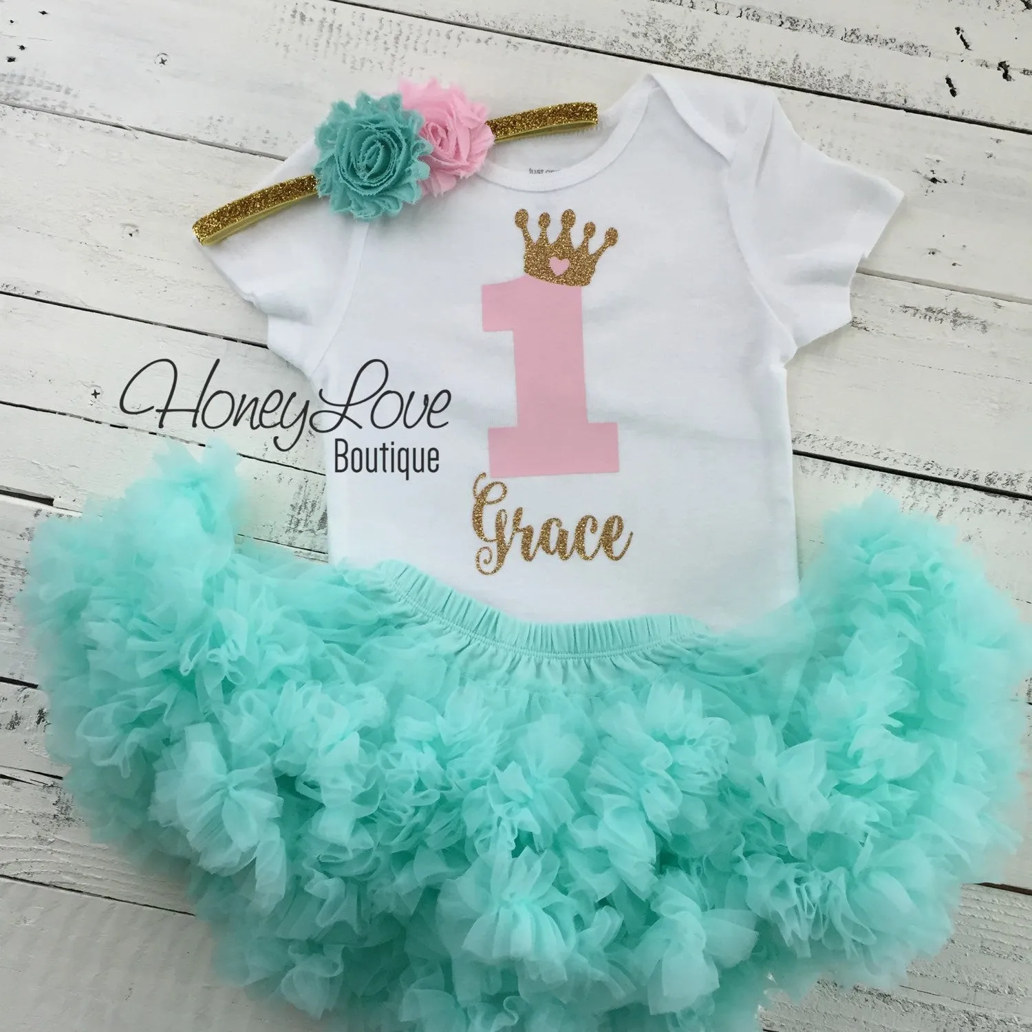 Personalized 1st Birthday Princess Outfit - Gold Glitter, Light Pink and Mint/Aqua