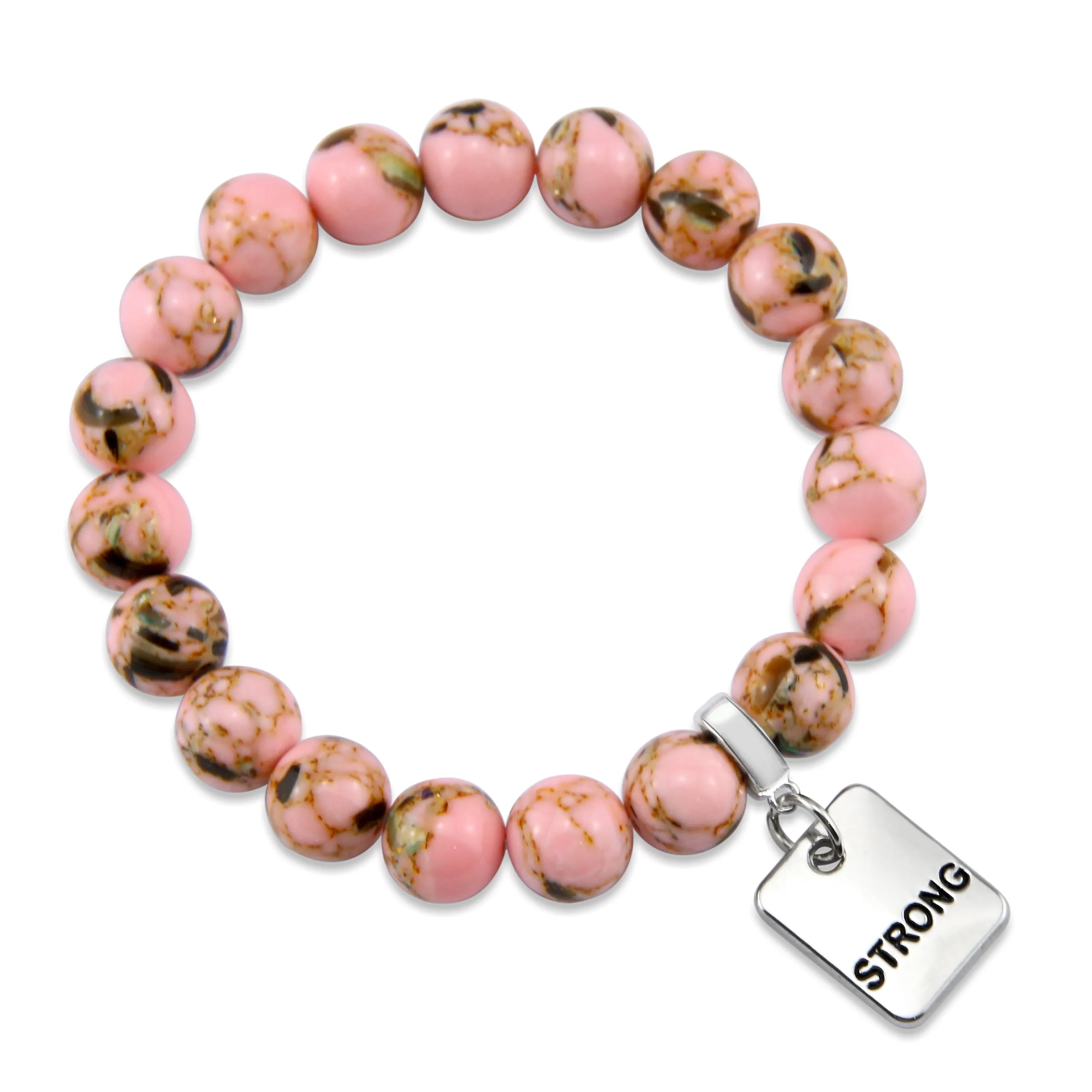 PINK COLLECTION - Soft Pink Synthesis 10mm Bead Bracelet  -  Silver Word Charms