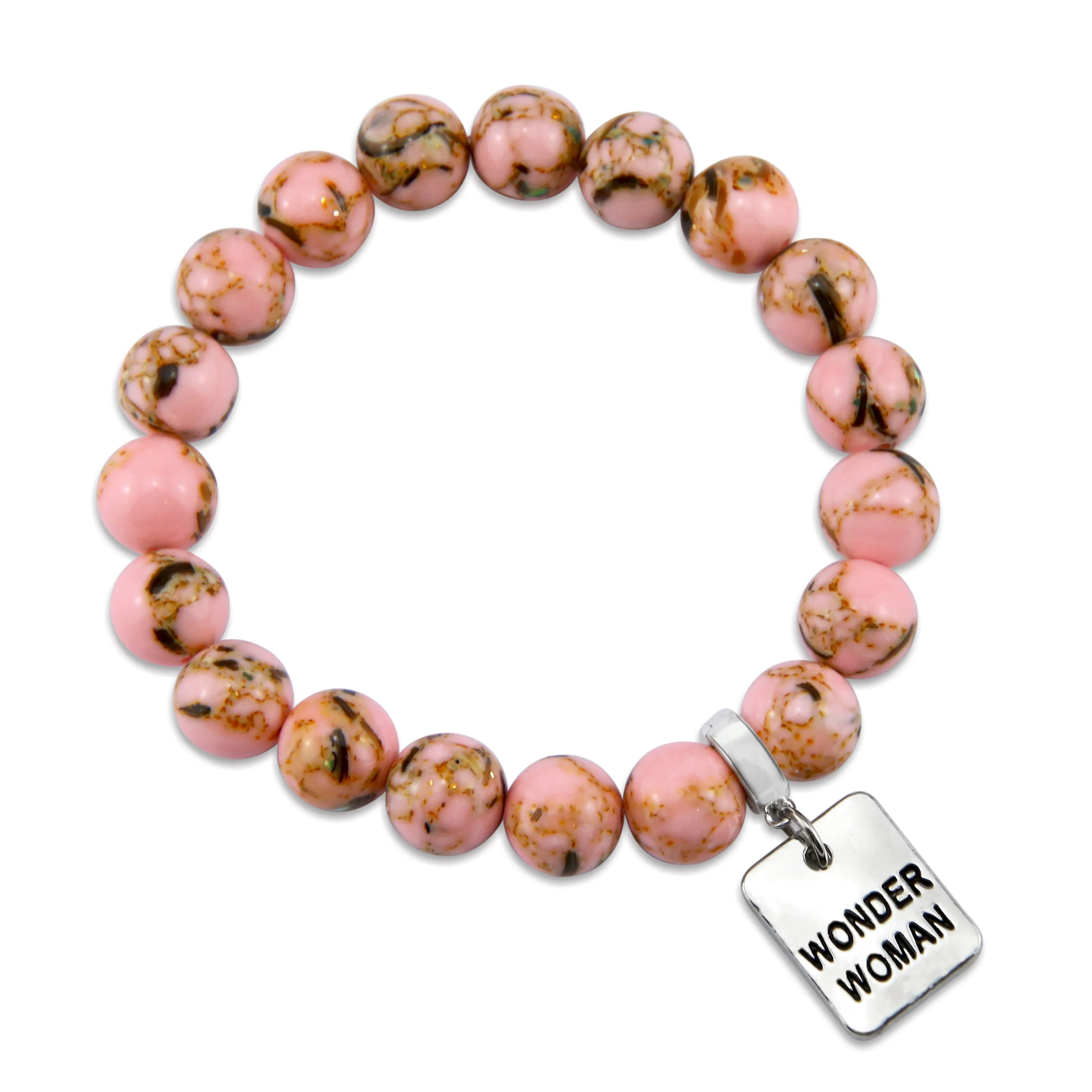 PINK COLLECTION - Soft Pink Synthesis 10mm Bead Bracelet  -  Silver Word Charms