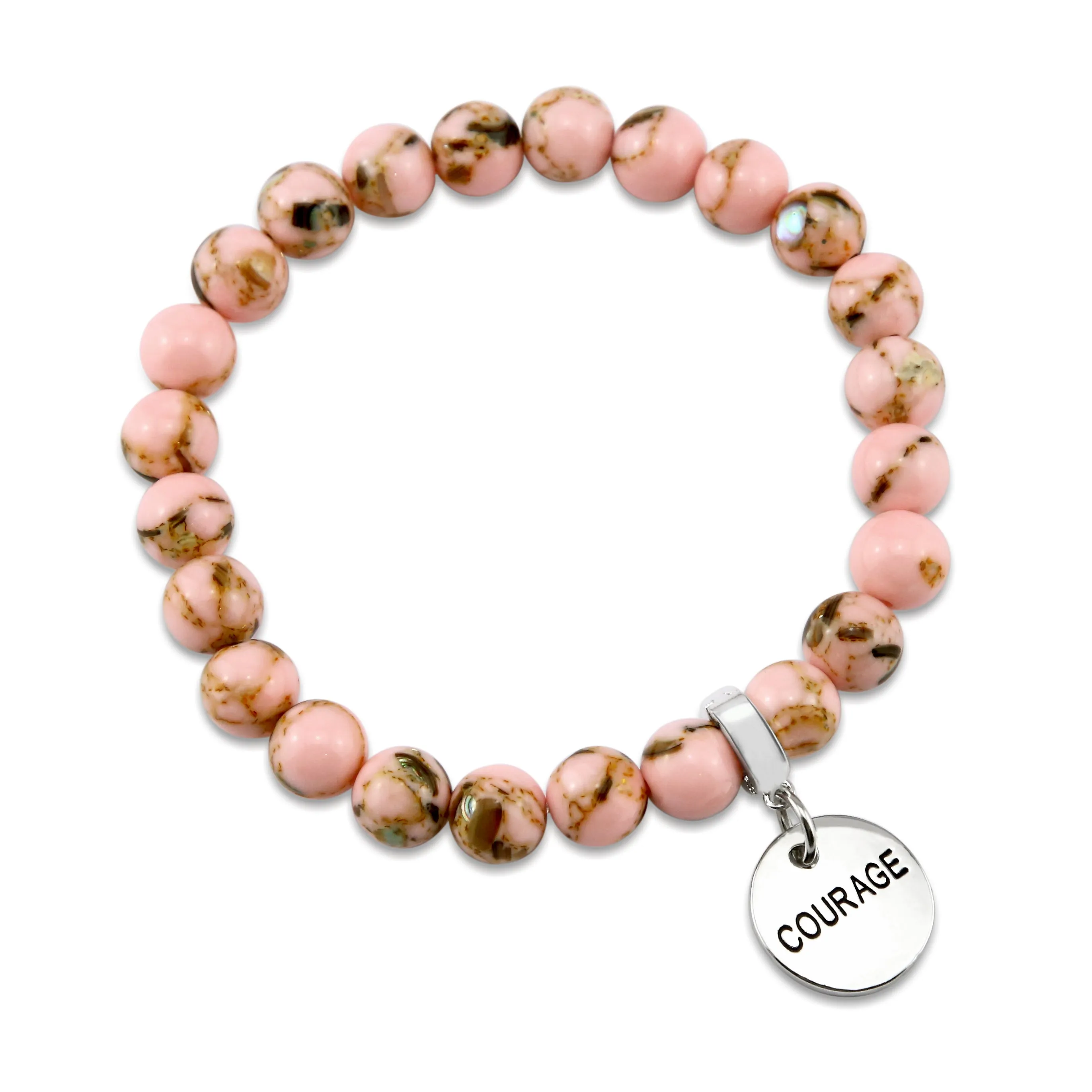 PINK COLLECTION - Soft Pink Synthesis 8mm Bead Bracelet  -  Silver Word Charms