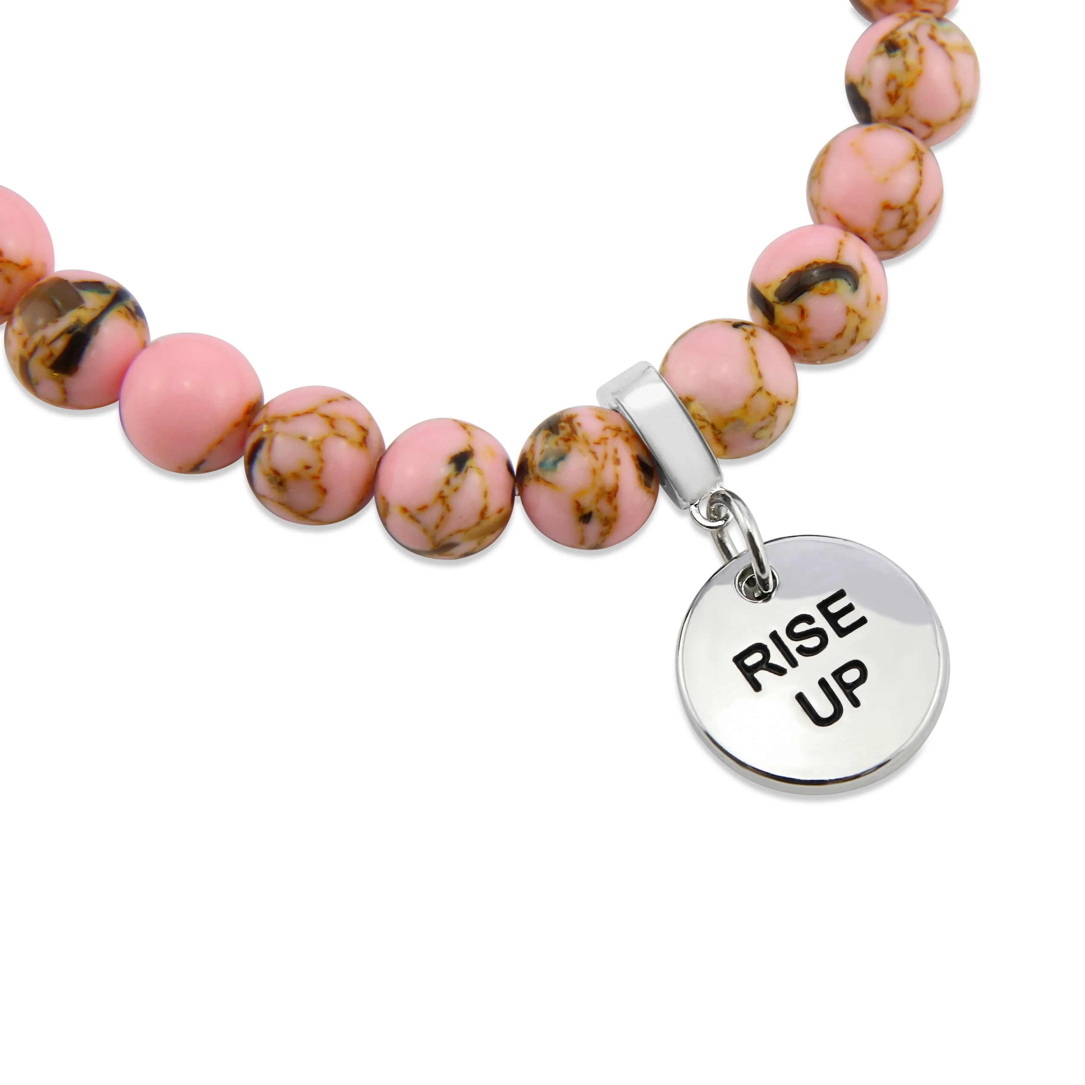 PINK COLLECTION - Soft Pink Synthesis 8mm Bead Bracelet  -  Silver Word Charms