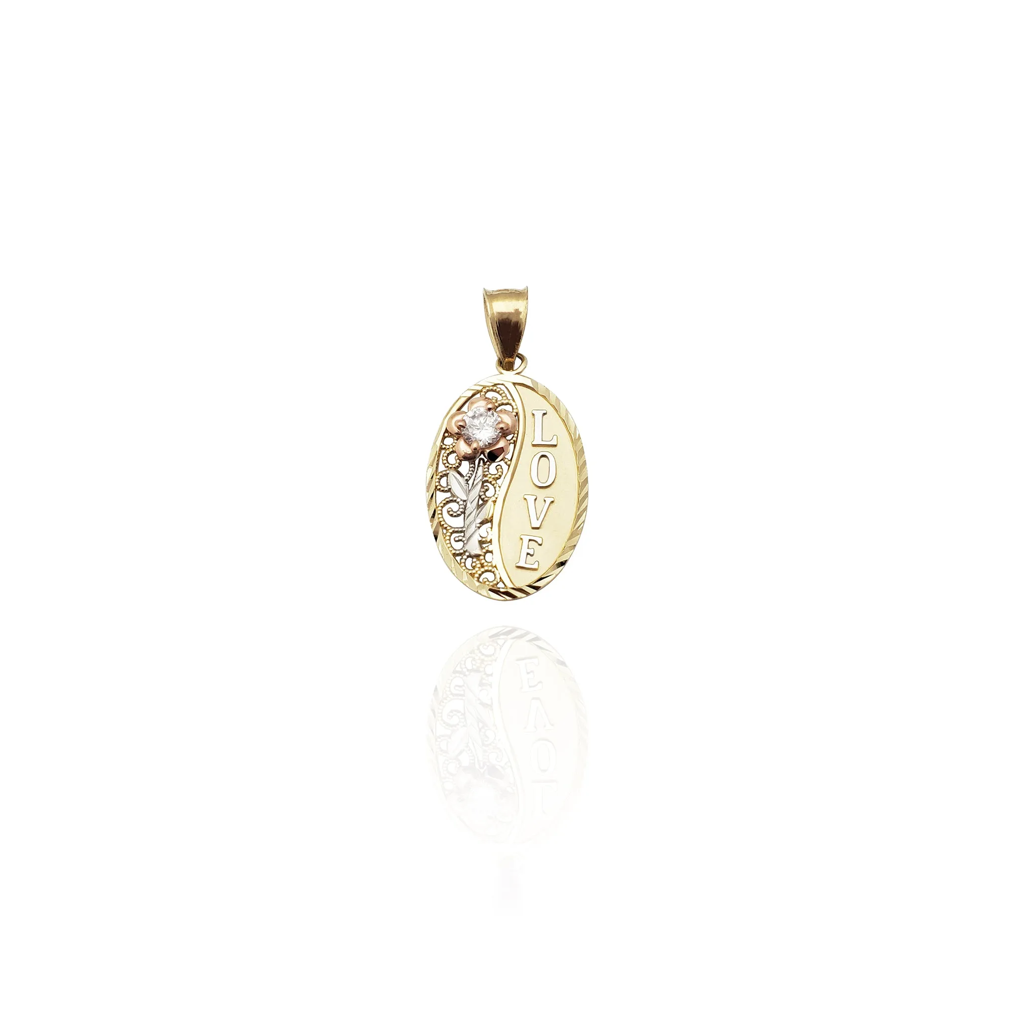 "Love" & Flowers Oval Pendant (14K)