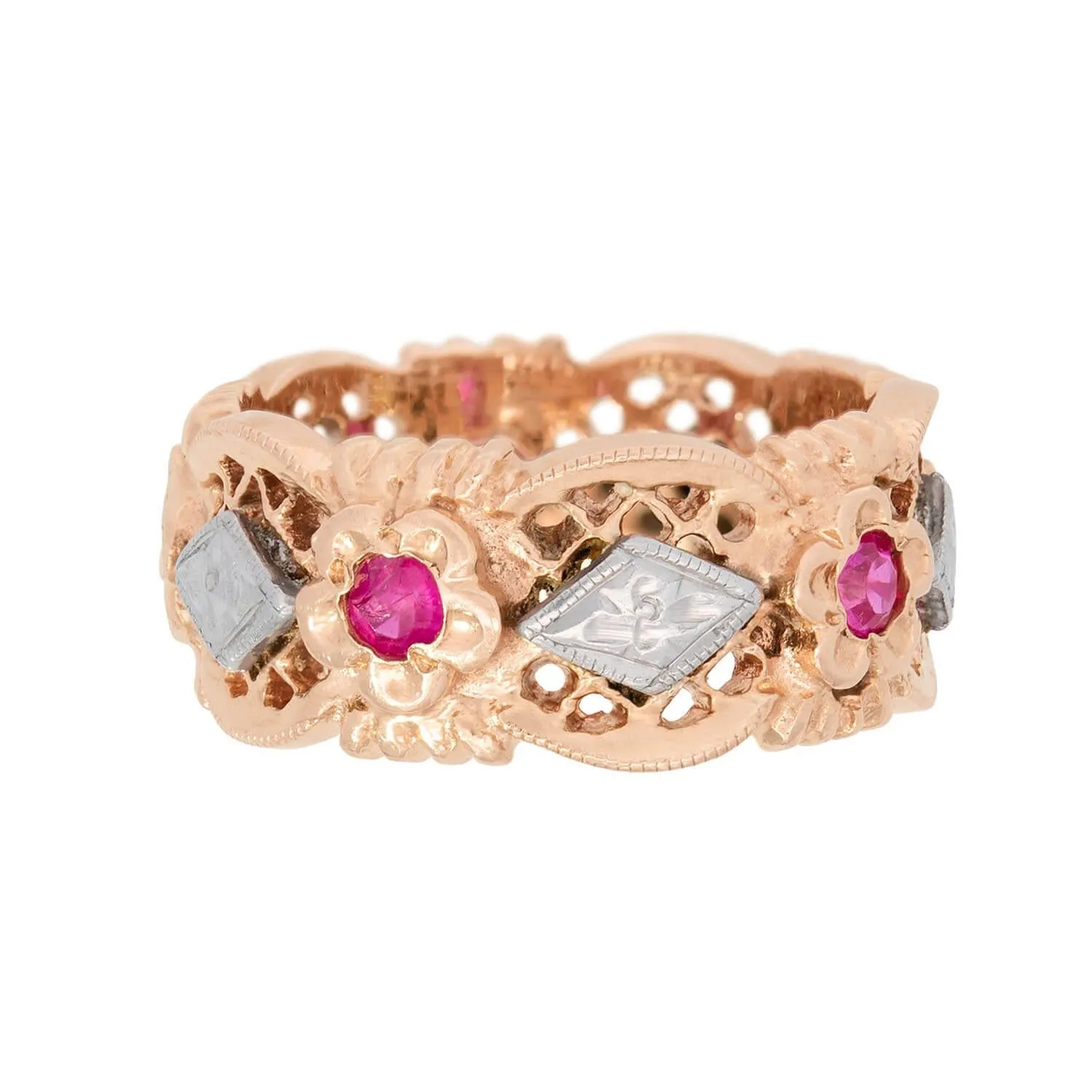 Retro 14k Mixed Metal Ruby Floral Motif Band