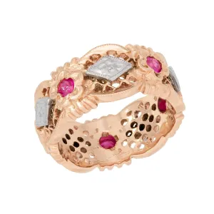 Retro 14k Mixed Metal Ruby Floral Motif Band