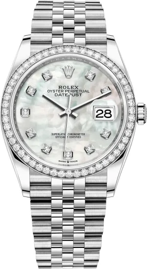 Rolex Datejust 36 Mother of Pearl Diamond Dial Diamond Bezel steel - 36mm Jubilee Bracelet (Reference #126284rbr)