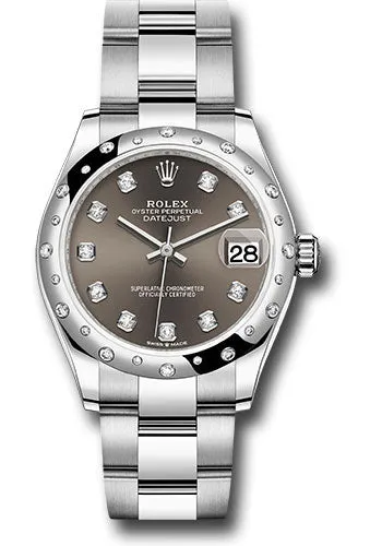 Rolex Steel and White Gold Datejust 31 Watch - Domed 24 Diamond Bezel - Dark Grey Diamond Dial - Oyster Bracelet 278344RBR dkgdo