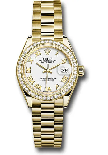 Rolex Yellow Gold Lady-Datejust 28 Watch - 44 Diamond Bezel - White Roman Dial - President Bracelet - 279138RBR wrp