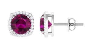 Round Shape Rhodolite and Diamond Halo Stud Earrings