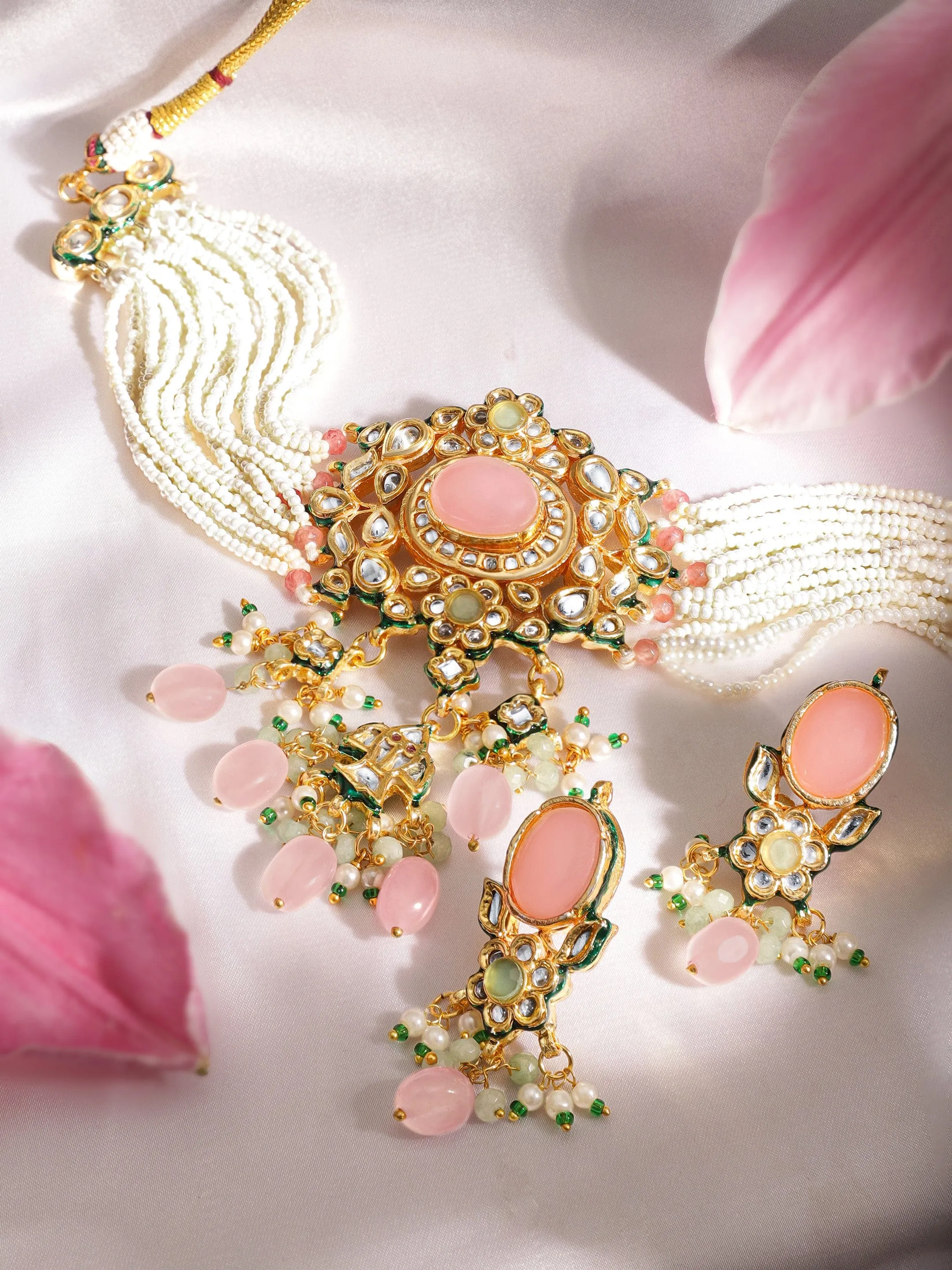 Rubans 22K Gold plated pastel pink gemstone with kundan and pearls regal Necklace set