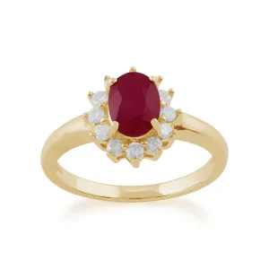 Rubin & Diamant Oval Trauben Ring in 9ct Gelb Gold