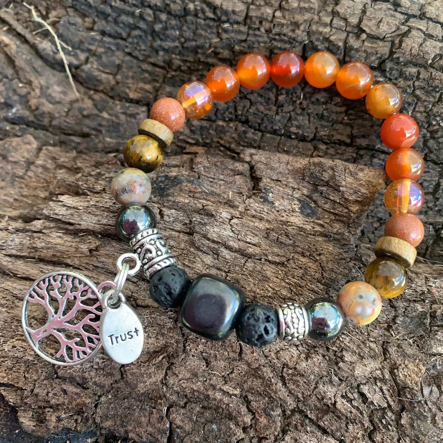 Shungite Amplified SACRAL Chakra Bracelet with Tree of Life Symbol and TRUST Charms ~ Small  [#14]