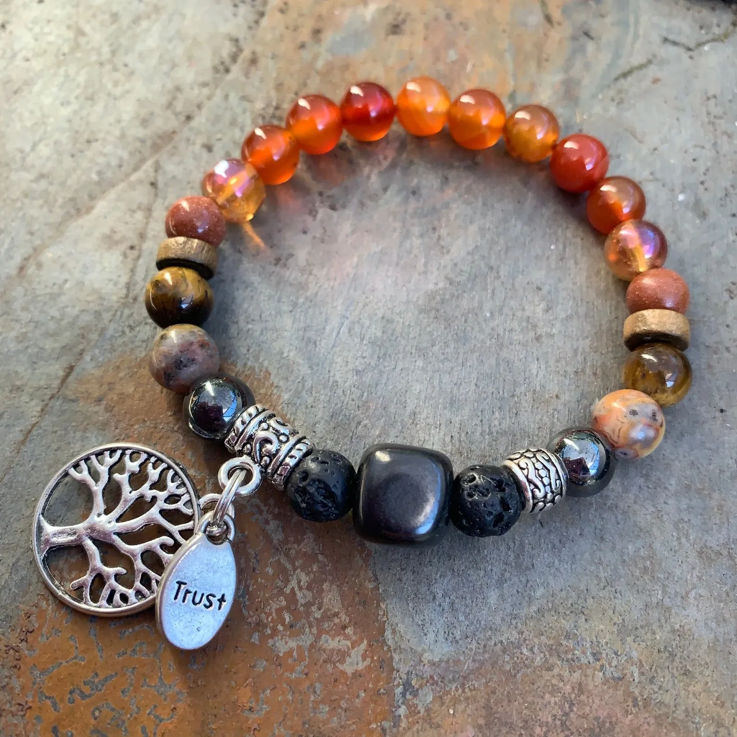 Shungite Amplified SACRAL Chakra Bracelet with Tree of Life Symbol and TRUST Charms ~ Small  [#14]