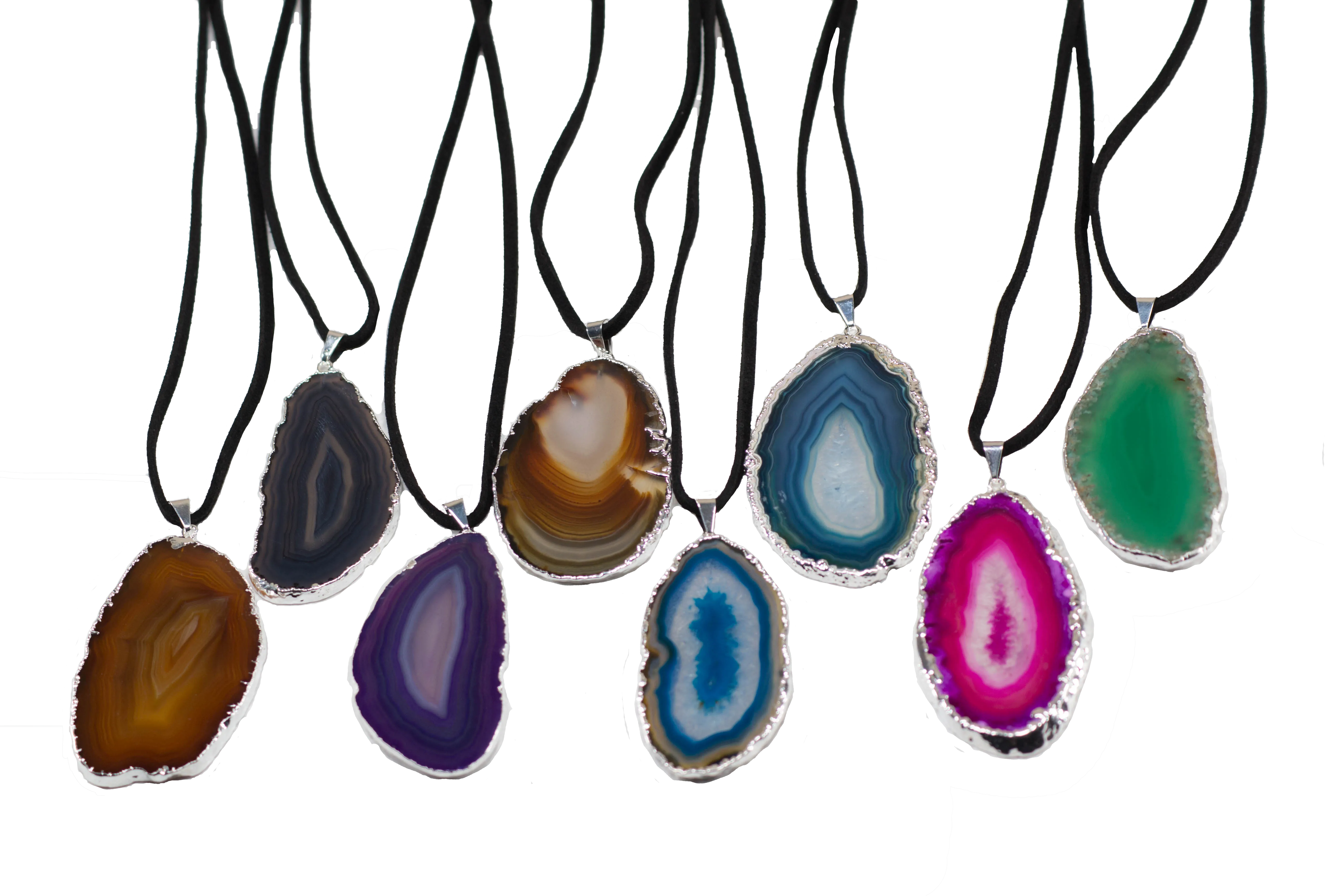 Silver Electroplated Agate Slice on Leather Necklace