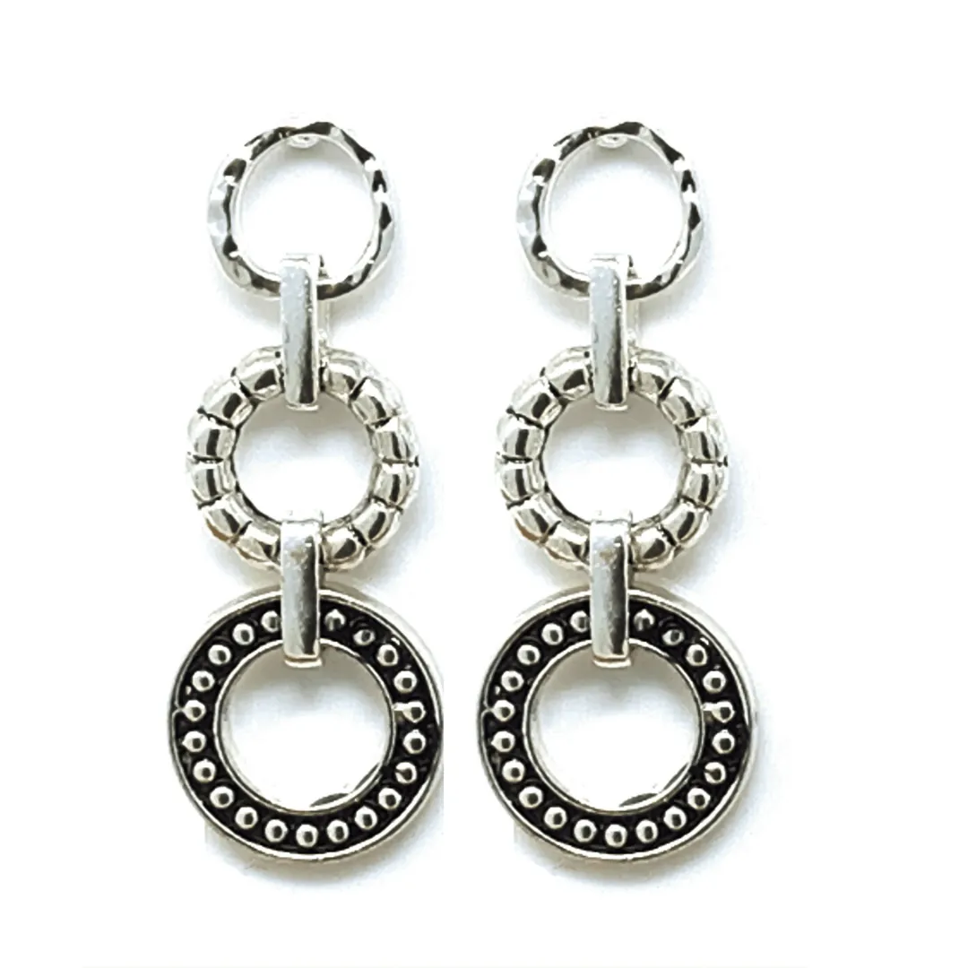 Silver Textured Linked Open Circle Drop Earrings