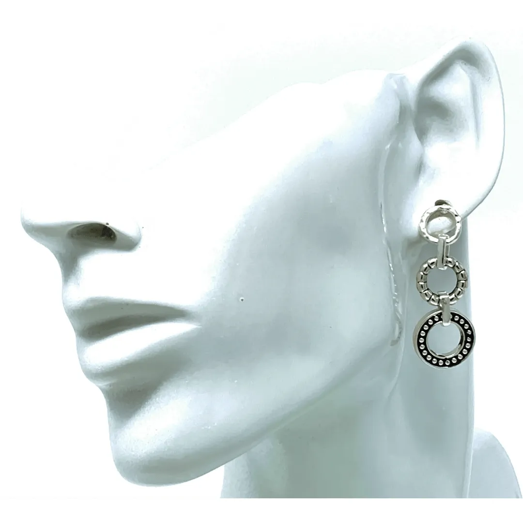 Silver Textured Linked Open Circle Drop Earrings