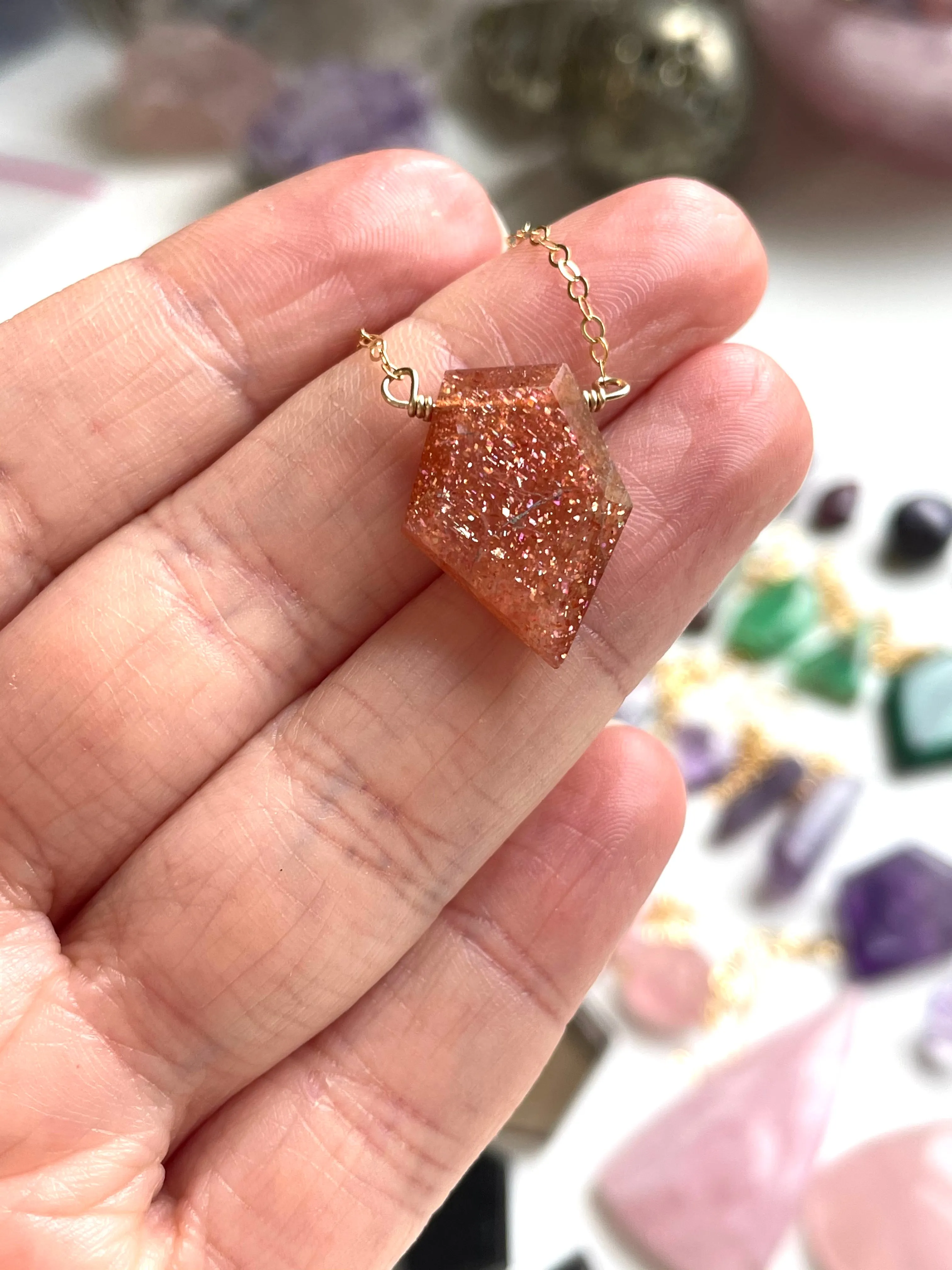 Small Sunstone Shield Necklace - Healing Crystal Jewelry