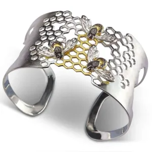 Statement Honeycomb & Honeybee Bangle In Sterling Silver