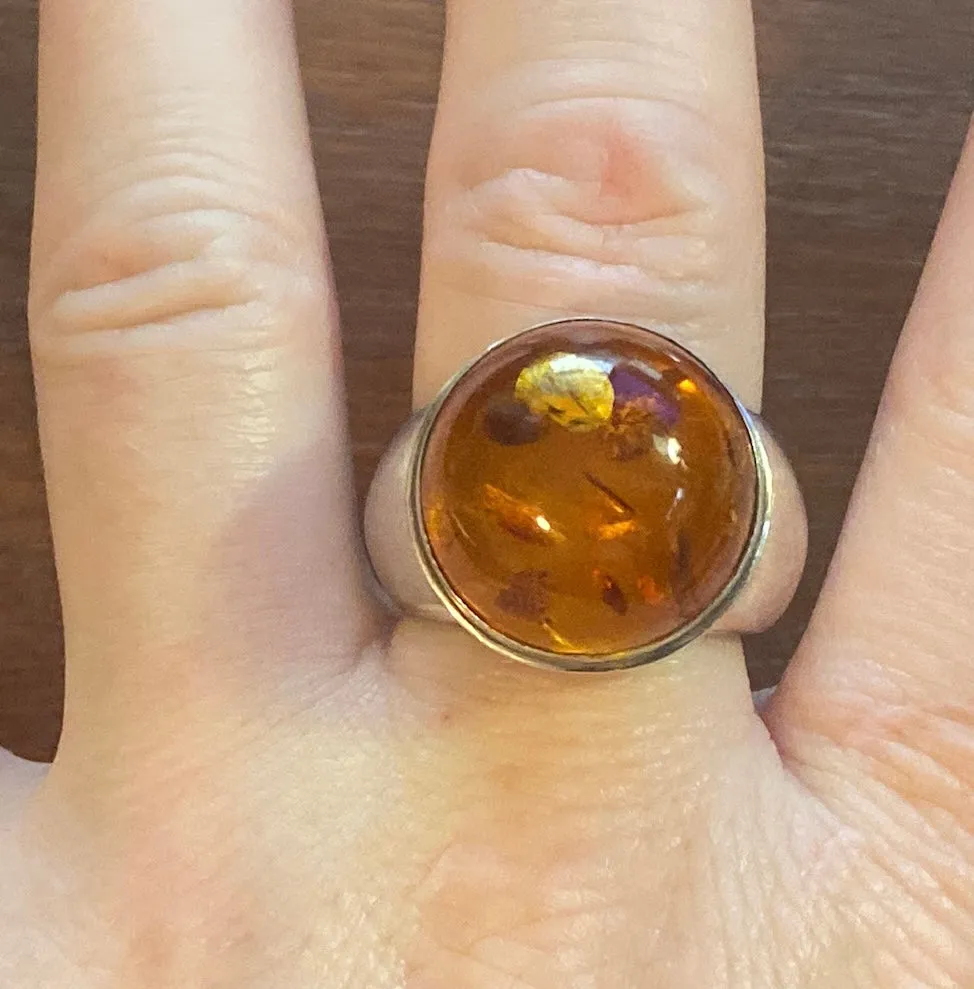 Sterling Silver 925 Baltic Amber Cabochon Ring Sz 10 - Signed BA