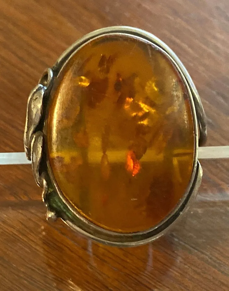 Sterling Silver 925 Baltic Amber Leaf Ring Sz 8.5