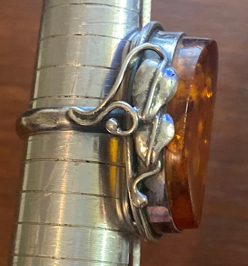 Sterling Silver 925 Baltic Amber Leaf Ring Sz 8.5