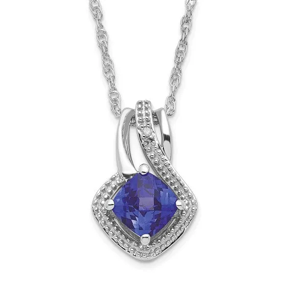 Sterling Silver Cushion Cut Ceylon Blue Sapphire & Diamond Pendant 18" Necklace