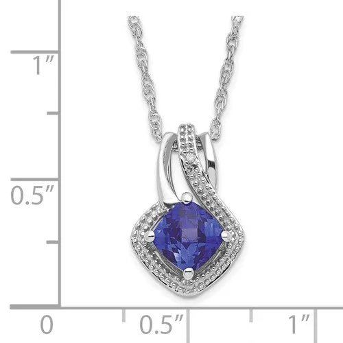 Sterling Silver Cushion Cut Ceylon Blue Sapphire & Diamond Pendant 18" Necklace