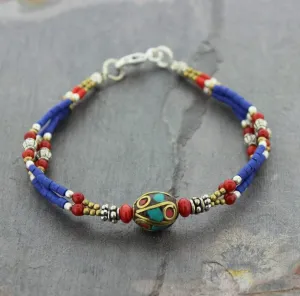 Tibetan Beaded Bracelet Lapis with Turquoise Focal Bead